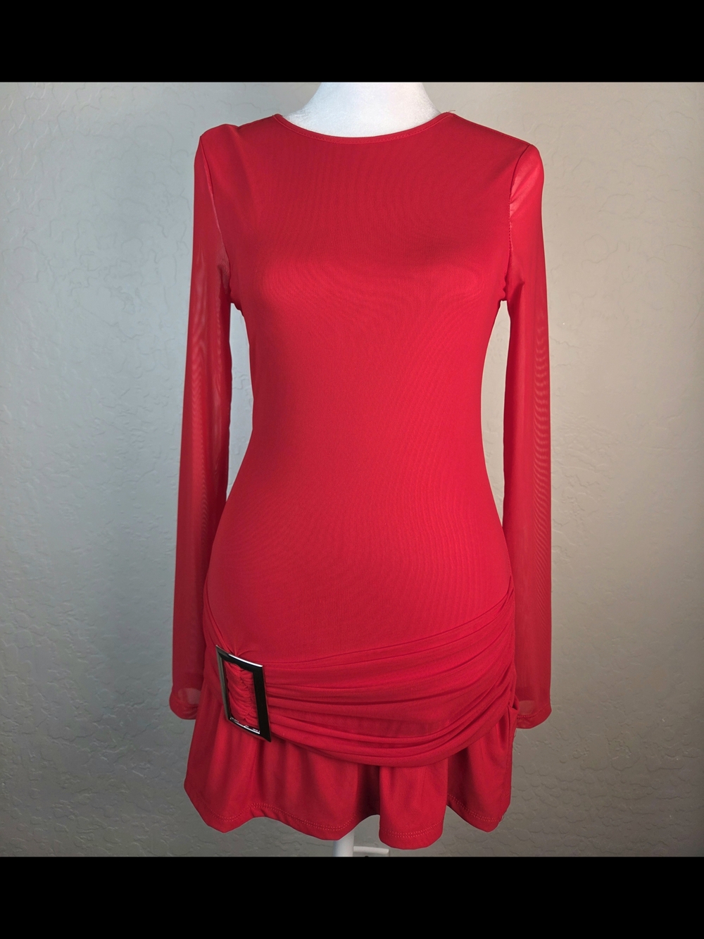 SHEIN Red Long-Sleeve Ruched Mini Dress with Buckle Detail XS